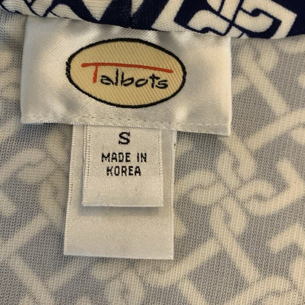 Talbots Faux Wrap 3/4 Sleeve Navy Chain Shirt Print Small Stretch Minimalist - Picture 11 of 12